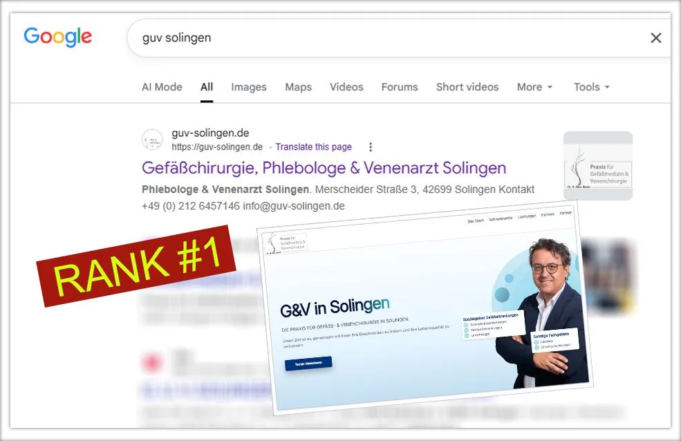 Musterprojekt eins: Platz 1 bei Google für die wichtigsten Suchbegriffe der Region, rund 1.750 Besucher im Monat.