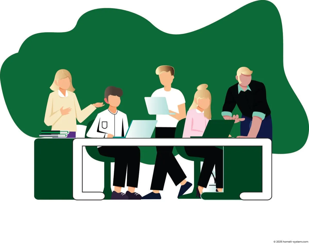 Fünf Personen arbeiten gemeinsam an einem Tisch, umgeben von Laptops und Papieren; einige sitzen, während andere stehen, was eine kollaborative Büroumgebung andeutet.