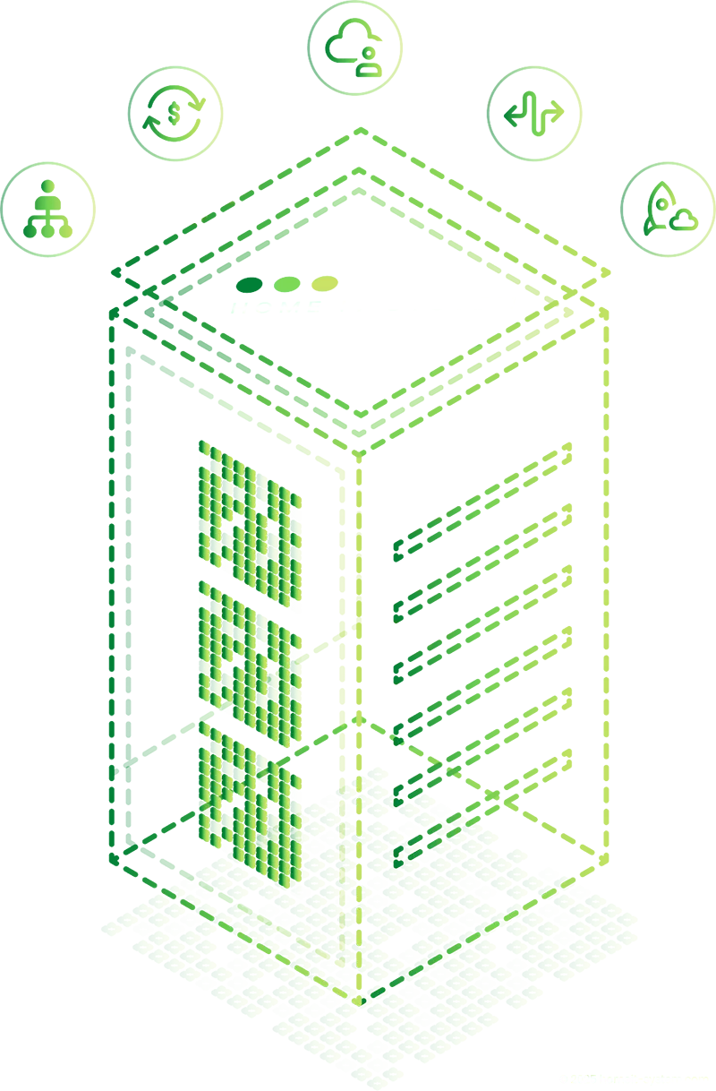 Isometrische Servergrafik mit Symbolen für Datenmanagement, Cloud-Backup, Synchronisation und Systemstart – visuelle Darstellung moderner Backup-Lösungen von Home IT System.