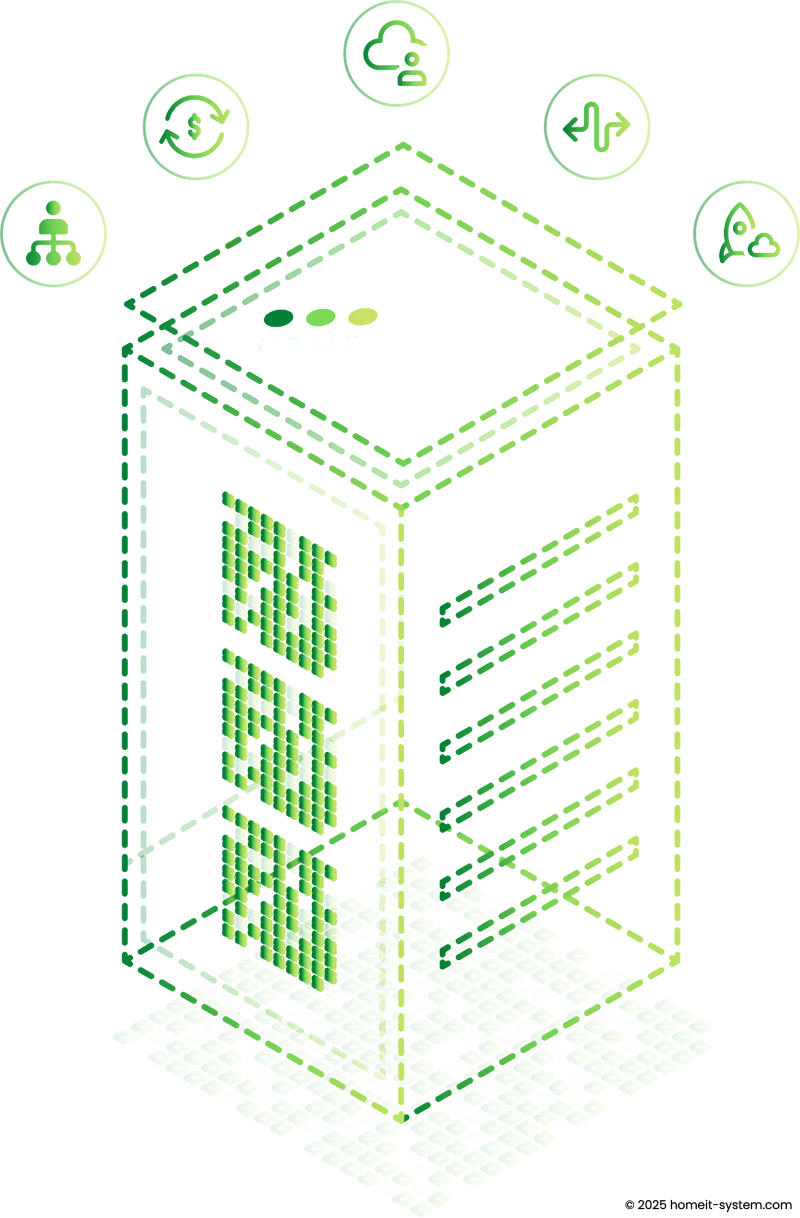 Isometrische Servergrafik mit Symbolen für Datenmanagement, Cloud-Backup, Synchronisation und Systemstart – visuelle Darstellung moderner Backup-Lösungen von Home IT System.