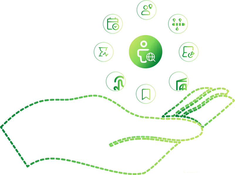 Illustration einer offenen Hand, die einen Kreis aus Symbolen hält, die Softwarewartung und Systempflege darstellen. Die Icons stehen für Aufgaben wie Updates, Backups, Benutzerverwaltung, Sicherheitsüberwachung und Datenpflege – zentriert um eine Figur mit Globus als Symbol für ganzheitlichen IT-Service.