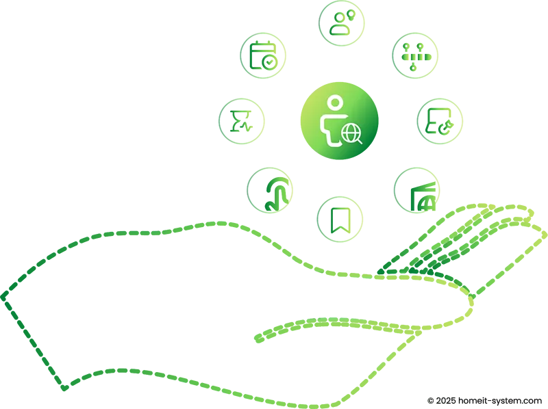 Illustration einer offenen Hand, die einen Kreis aus Symbolen hält, die Softwarewartung und Systempflege darstellen. Die Icons stehen für Aufgaben wie Updates, Backups, Benutzerverwaltung, Sicherheitsüberwachung und Datenpflege – zentriert um eine Figur mit Globus als Symbol für ganzheitlichen IT-Service.