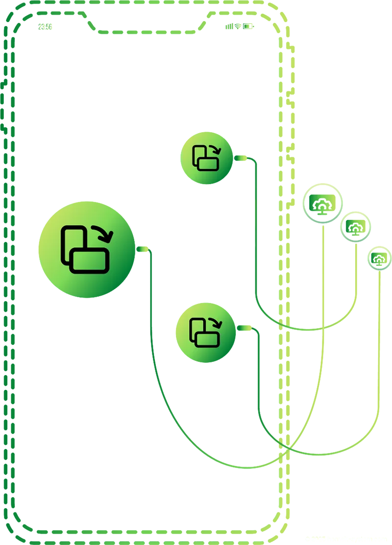 Grafik eines Smartphone-Umrisses mit verbundenen Symbolen, die VoIP- und Telefonanlagen-Software darstellen. Die Abbildung zeigt Icons für Anrufweiterleitung, Cloud-Telefonie und Kommunikationsintegration – als Symbol für eine moderne und effiziente digitale Telefonanlage, abgestimmt auf betriebliche Anforderungen.