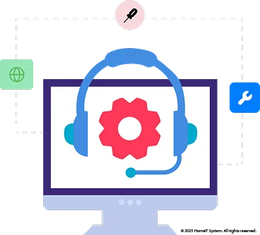 Illustration of two speech bubbles, one pink and one blue, with symbols of a phone and a headset representing communication or customer support.