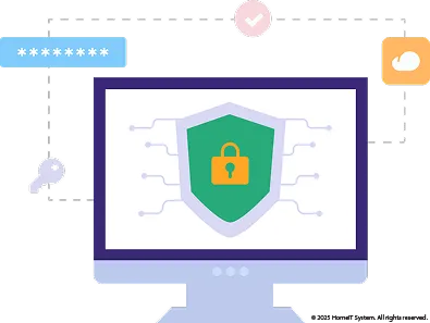 Illustration of a computer screen with a green shield and a padlock symbol representing cybersecurity. Surrounding icons – a key, password, cloud, and checkmark – are connected by dashed lines.