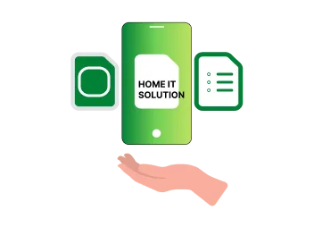 Eine Hand hält ein grünes Smartphone mit der Anzeige ‚HOME IT SOLUTION‘. Links ist ein SIM-Karten-Symbol, rechts ein Checklisten-Symbol zu sehen.