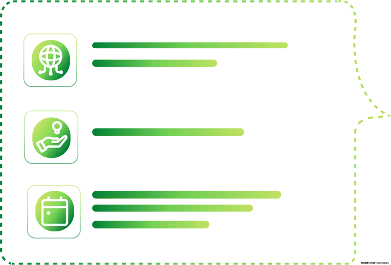 Grafik zur Terminvereinbarung und zum Erstgespräch: Drei grüne horizontale Balken mit weißen Symbolen links – ein Globus für globale Erreichbarkeit, eine Hand mit Standort-Pin für individuelle Serviceangebote, und ein Kalender für die Terminplanung. Farbverläufe und Linien symbolisieren Struktur, Fortschritt und digitale Organisation
