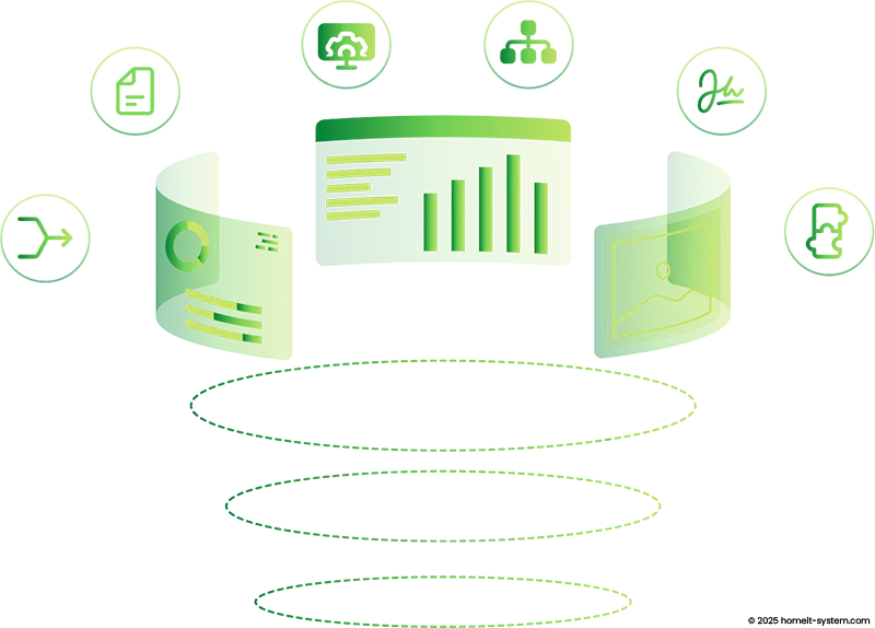 Grüne abstrakte digitale Illustration mit Symbolen für Diagramm, Grafik und Foto. Im Hintergrund befinden sich horizontale Linien und Formen, die auf Datenvisualisierung und Technologie hinweisen.