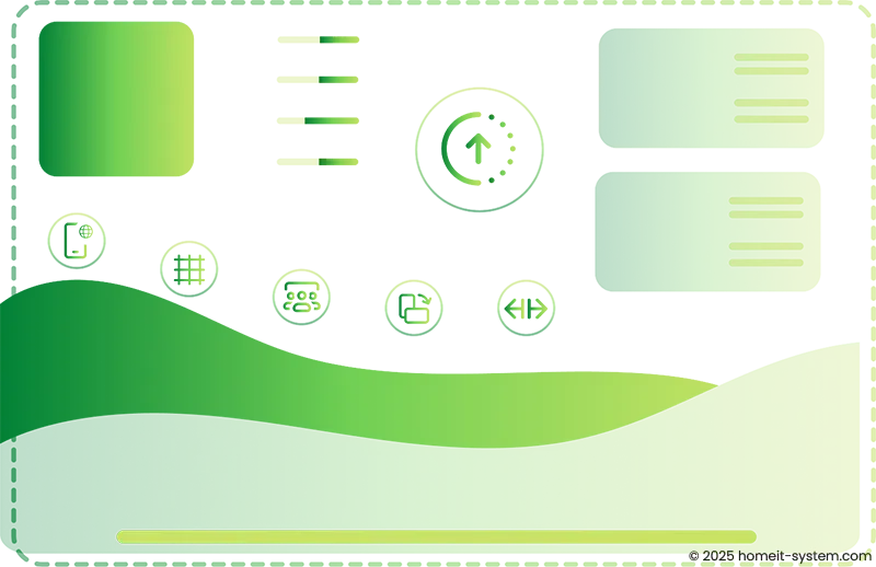 Moderne Illustration für responsives Webdesign mit grünen Farbverläufen und Interface-Elementen, die den Mobile-First-Ansatz für die Website-Optimierung darstellen und eine schnelle Ladezeit, intuitive Navigation und perfekte Darstellung auf Smartphones und Tablets gewährleisten.