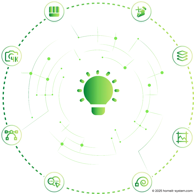 Professionelle Grafik für visuelles Design mit einer leuchtenden grünen Glühbirne in der Mitte, umgeben von Symbolen für Technologie und Kreativität, die die Optimierung der visuellen Komponenten einer Website für einen nachhaltigen ersten Eindruck und eine verbesserte Benutzererfahrung darstellen